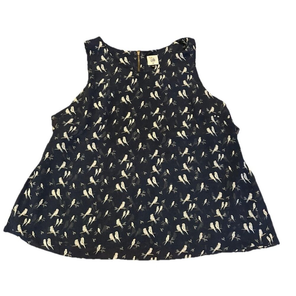 Cabi Womens XL Blue Bird Floral Sleeveless Blouse Lightweight Ruffles